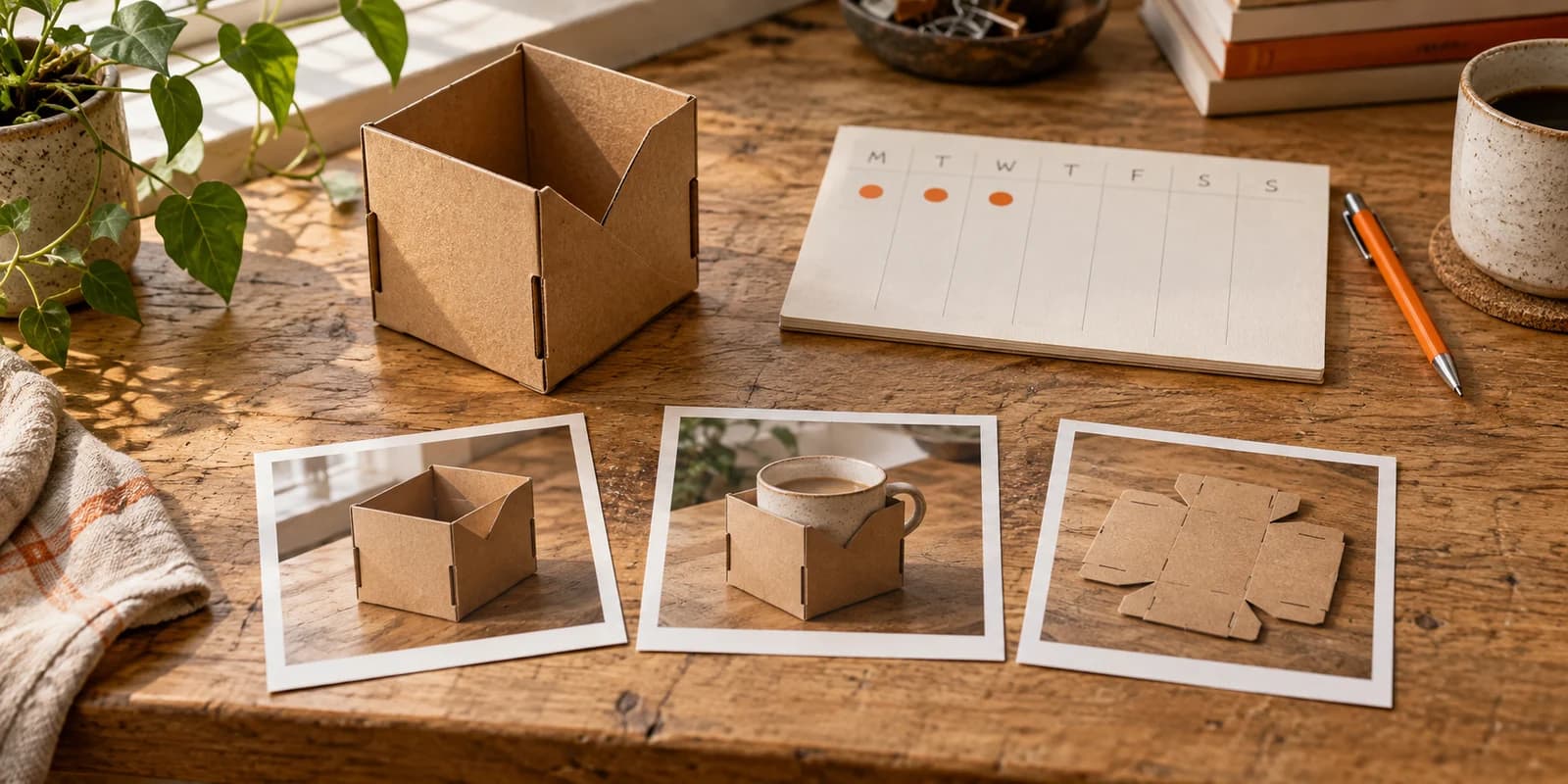 A cardboard box on a desk beside three photos of it folded, used as a cup holder and laid flat, with a weekly planner.