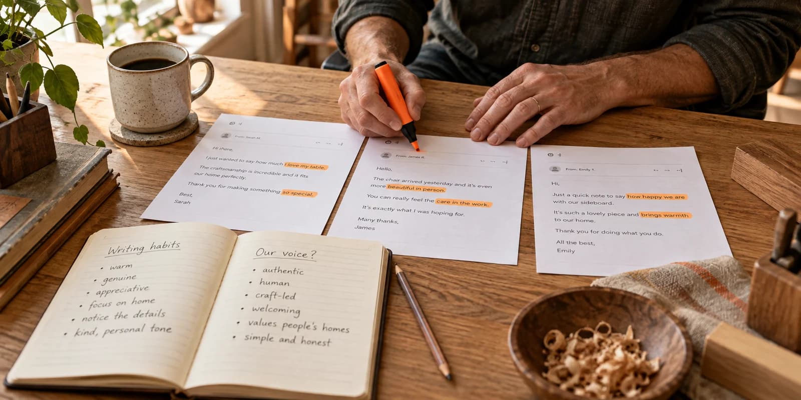 Someone highlighting phrases in printed customer emails beside a notebook listing their writing habits.