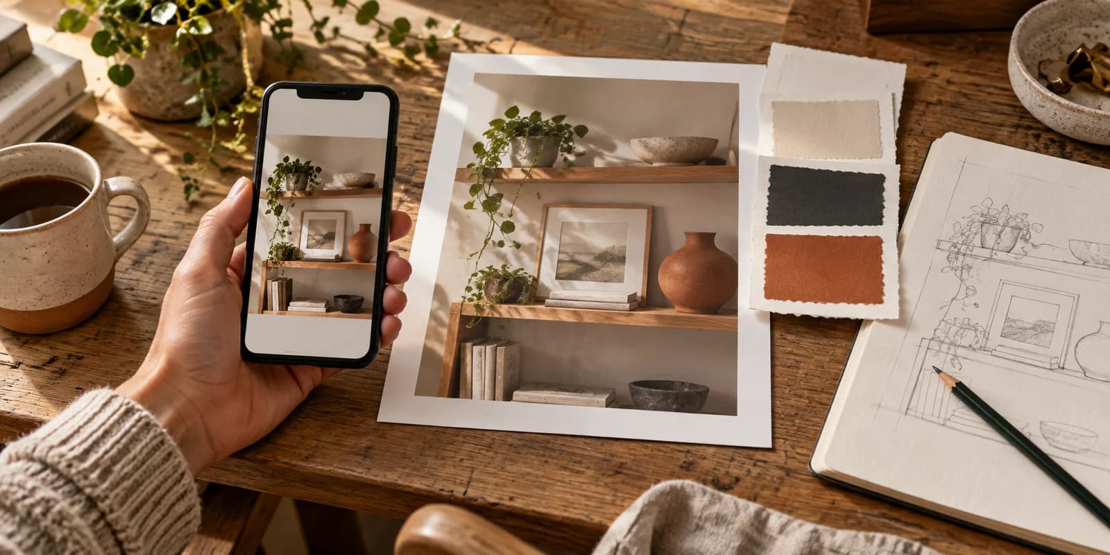 A phone photo of a shelf held next to a print of the same shelf, colour swatches and a pencil sketch.